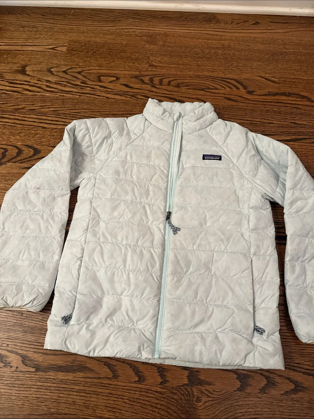 Patagonia Kids Light Gray Quilted Puffer Jacket, yellow inside.